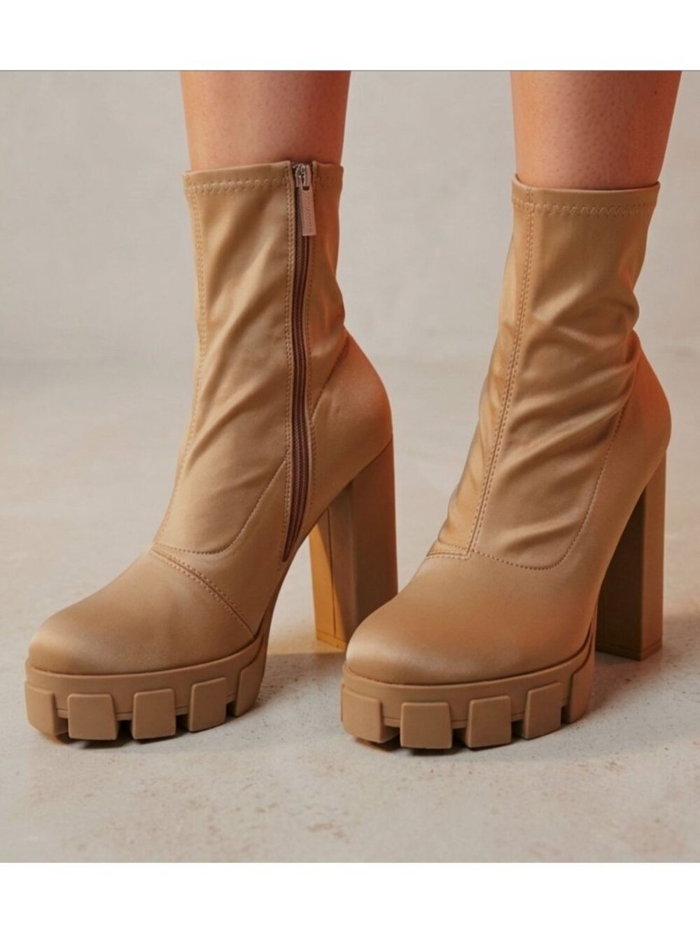 Chunky Heel Platform Ankle Boots With Side Zipper In Beige Satin Material For Wo